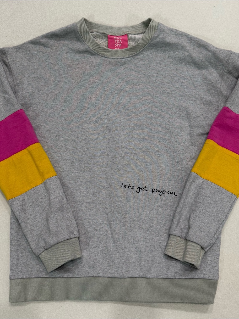 One Teaspoon Grey Crewneck Sweatshirt with Pink and Yellow Sleeve Stripes